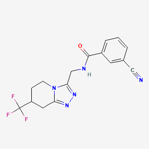 molecular formula C16H14F3N5O B2749686 3-cyano-N-((7-(trifluoromethyl)-5,6,7,8-tetrahydro-[1,2,4]triazolo[4,3-a]pyridin-3-yl)methyl)benzamide CAS No. 2034539-56-3