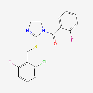 molecular formula C17H13ClF2N2OS B2749715 (2-((2-chloro-6-fluorobenzyl)thio)-4,5-dihydro-1H-imidazol-1-yl)(2-fluorophenyl)methanone CAS No. 851802-88-5