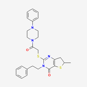 molecular formula C27H30N4O2S2 B2749717 6-methyl-2-((2-oxo-2-(4-phenylpiperazin-1-yl)ethyl)thio)-3-phenethyl-6,7-dihydrothieno[3,2-d]pyrimidin-4(3H)-one CAS No. 851410-53-2