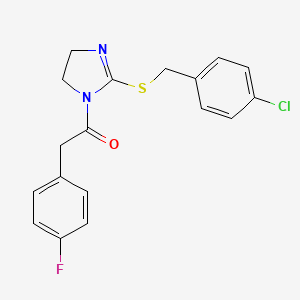 molecular formula C18H16ClFN2OS B2749720 1-(2-((4-氯苯甲基)硫代)-4,5-二氢-1H-咪唑-1-基)-2-(4-氟苯基)乙酮 CAS No. 851801-85-9