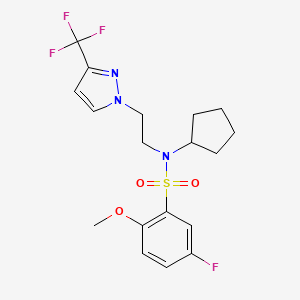 molecular formula C18H21F4N3O3S B2749797 N-cyclopentyl-5-fluoro-2-methoxy-N-(2-(3-(trifluoromethyl)-1H-pyrazol-1-yl)ethyl)benzenesulfonamide CAS No. 2034507-06-5