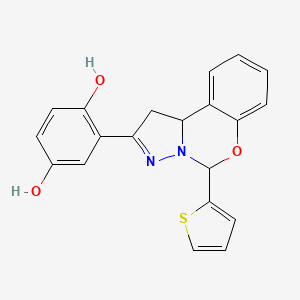 molecular formula C20H16N2O3S B2749806 2-(5-(thiophen-2-yl)-5,10b-dihydro-1H-benzo[e]pyrazolo[1,5-c][1,3]oxazin-2-yl)benzene-1,4-diol CAS No. 899984-95-3
