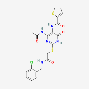 molecular formula C20H18ClN5O4S2 B2749810 N-(4-acetamido-2-((2-((2-chlorobenzyl)amino)-2-oxoethyl)thio)-6-oxo-1,6-dihydropyrimidin-5-yl)thiophene-2-carboxamide CAS No. 872609-07-9