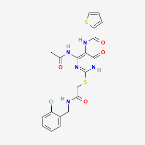 molecular formula C20H18ClN5O4S2 B2749810 N-(4-乙酰氨基-2-((2-((2-氯苯甲基)氨基)-2-氧代乙基)硫)-6-氧代-1,6-二氢嘧啶-5-基)噻吩-2-羧酰胺 CAS No. 872609-07-9