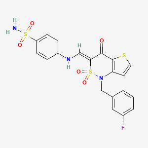 molecular formula C20H16FN3O5S3 B2749847 (Z)-4-(((1-(3-fluorobenzyl)-2,2-dioxido-4-oxo-1H-thieno[3,2-c][1,2]thiazin-3(4H)-ylidene)methyl)amino)benzenesulfonamide CAS No. 894655-62-0
