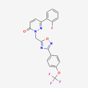molecular formula C20H12F4N4O3 B2749897 6-(2-fluorophenyl)-2-((3-(4-(trifluoromethoxy)phenyl)-1,2,4-oxadiazol-5-yl)methyl)pyridazin-3(2H)-one CAS No. 1359407-60-5