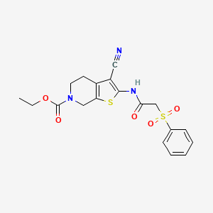 molecular formula C19H19N3O5S2 B2749904 乙酸-3-氰基-2-(2-(苯磺酰)乙酰胺基)-4,5-二氢噻吩[2,3-c]吡啶-6(7H)-羧酸乙酯 CAS No. 895462-05-2