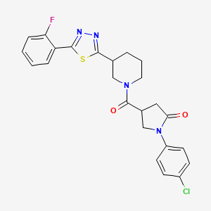 molecular formula C24H22ClFN4O2S B2749938 1-(4-Chlorophenyl)-4-(3-(5-(2-fluorophenyl)-1,3,4-thiadiazol-2-yl)piperidine-1-carbonyl)pyrrolidin-2-one CAS No. 1219842-37-1