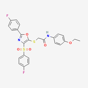 molecular formula C25H20F2N2O5S2 B2749984 N-(4-ethoxyphenyl)-2-[[2-(4-fluorophenyl)-4-(4-fluorophenyl)sulfonyl-1,3-oxazol-5-yl]sulfanyl]acetamide CAS No. 850927-21-8