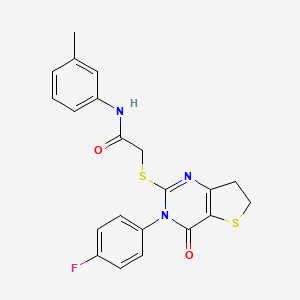 molecular formula C21H18FN3O2S2 B2750011 2-[[3-(4-fluorophenyl)-4-oxo-6,7-dihydrothieno[3,2-d]pyrimidin-2-yl]sulfanyl]-N-(3-methylphenyl)acetamide CAS No. 362501-54-0
