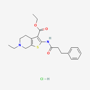 molecular formula C21H27ClN2O3S B2750077 Ethyl 6-ethyl-2-(3-phenylpropanamido)-4,5,6,7-tetrahydrothieno[2,3-c]pyridine-3-carboxylate hydrochloride CAS No. 1329840-42-7