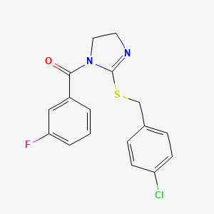 molecular formula C17H14ClFN2OS B2750168 (2-((4-chlorobenzyl)thio)-4,5-dihydro-1H-imidazol-1-yl)(3-fluorophenyl)methanone CAS No. 851801-70-2