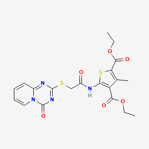 molecular formula C20H20N4O6S2 B2750184 diethyl 3-methyl-5-(2-((4-oxo-4H-pyrido[1,2-a][1,3,5]triazin-2-yl)thio)acetamido)thiophene-2,4-dicarboxylate CAS No. 896329-50-3