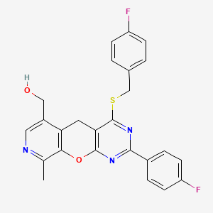 molecular formula C25H19F2N3O2S B2750190 (4-((4-fluorobenzyl)thio)-2-(4-fluorophenyl)-9-methyl-5H-pyrido[4',3':5,6]pyrano[2,3-d]pyrimidin-6-yl)methanol CAS No. 892414-94-7