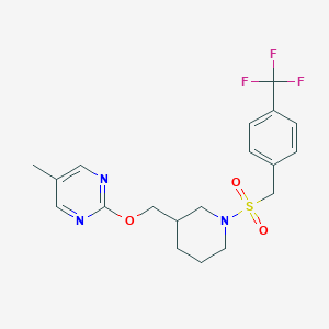 molecular formula C19H22F3N3O3S B2750257 5-Methyl-2-[[1-[[4-(trifluoromethyl)phenyl]methylsulfonyl]piperidin-3-yl]methoxy]pyrimidine CAS No. 2380068-16-4