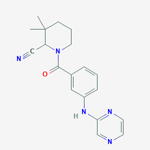 molecular formula C19H21N5O B2750291 3,3-Dimethyl-1-{3-[(pyrazin-2-yl)amino]benzoyl}piperidine-2-carbonitrile CAS No. 1808879-76-6