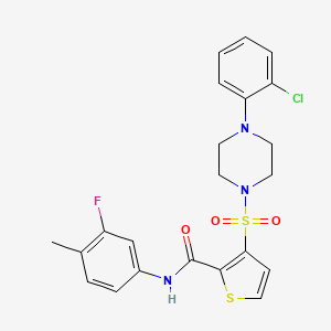 molecular formula C22H21ClFN3O3S2 B2750296 3-{[4-(2-chlorophenyl)piperazin-1-yl]sulfonyl}-N-(3-fluoro-4-methylphenyl)thiophene-2-carboxamide CAS No. 1207049-33-9