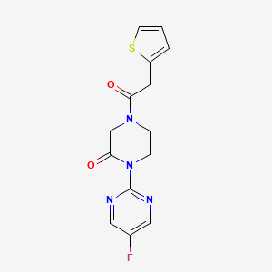 molecular formula C14H13FN4O2S B2750304 1-(5-Fluoropyrimidin-2-yl)-4-(2-thiophen-2-ylacetyl)piperazin-2-one CAS No. 2320923-81-5