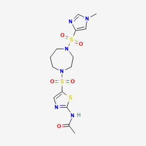 molecular formula C14H20N6O5S3 B2750433 N-(5-((4-((1-甲基-1H-咪唑-4-基)磺酰)-1,4-二氮杂环庚烷-1-基)磺酰)噻唑-2-基)乙酰胺 CAS No. 1903669-41-9