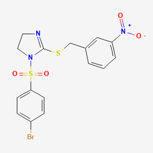 molecular formula C16H14BrN3O4S2 B2750520 1-(4-Bromophenyl)sulfonyl-2-[(3-nitrophenyl)methylsulfanyl]-4,5-dihydroimidazole CAS No. 868218-99-9