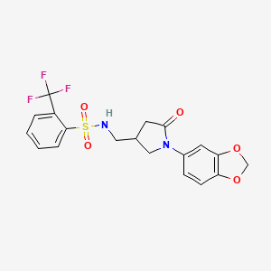 molecular formula C19H17F3N2O5S B2750541 N-((1-(benzo[d][1,3]dioxol-5-yl)-5-oxopyrrolidin-3-yl)methyl)-2-(trifluoromethyl)benzenesulfonamide CAS No. 954609-22-4