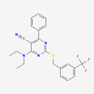 molecular formula C23H21F3N4S B2750567 4-(Diethylamino)-6-phenyl-2-{[3-(trifluoromethyl)benzyl]sulfanyl}-5-pyrimidinecarbonitrile CAS No. 303985-70-8