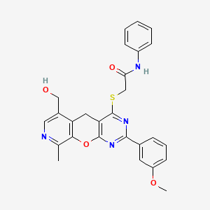 molecular formula C27H24N4O4S B2750609 2-{[11-(hydroxymethyl)-5-(3-methoxyphenyl)-14-methyl-2-oxa-4,6,13-triazatricyclo[8.4.0.0^{3,8}]tetradeca-1(10),3(8),4,6,11,13-hexaen-7-yl]sulfanyl}-N-phenylacetamide CAS No. 892380-80-2