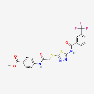 molecular formula C20H15F3N4O4S2 B2750707 甲酸-4-(2-((5-(3-(三氟甲基)苯甲酰胺)-1,3,4-噻二唑-2-基)硫)乙酰胺)苯酯 CAS No. 896022-63-2