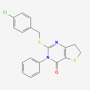 molecular formula C19H15ClN2OS2 B2750718 2-[(4-Chlorophenyl)methylsulfanyl]-3-phenyl-6,7-dihydrothieno[3,2-d]pyrimidin-4-one CAS No. 686771-12-0