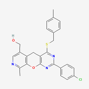 molecular formula C26H22ClN3O2S B2750744 [5-(4-Chlorophenyl)-14-methyl-7-{[(4-methylphenyl)methyl]sulfanyl}-2-oxa-4,6,13-triazatricyclo[8.4.0.0^{3,8}]tetradeca-1(10),3(8),4,6,11,13-hexaen-11-yl]methanol CAS No. 892414-82-3