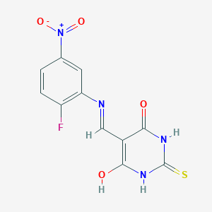 molecular formula C11H7FN4O4S B2750914 5-(((2-fluoro-5-nitrophenyl)amino)methylene)-2-thioxodihydropyrimidine-4,6(1H,5H)-dione CAS No. 1021229-36-6