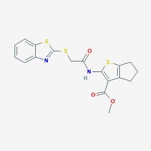 molecular formula C18H16N2O3S3 B275094 methyl 2-{[(1,3-benzothiazol-2-ylsulfanyl)acetyl]amino}-5,6-dihydro-4H-cyclopenta[b]thiophene-3-carboxylate 