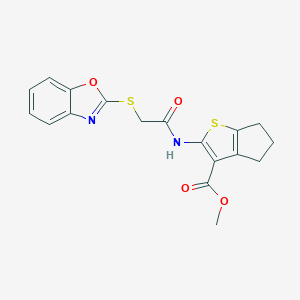 molecular formula C18H16N2O4S2 B275095 methyl 2-{[(1,3-benzoxazol-2-ylsulfanyl)acetyl]amino}-5,6-dihydro-4H-cyclopenta[b]thiophene-3-carboxylate 
