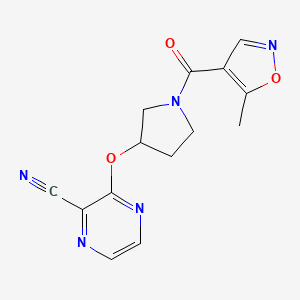 molecular formula C14H13N5O3 B2750994 3-((1-(5-Methylisoxazole-4-carbonyl)pyrrolidin-3-yl)oxy)pyrazine-2-carbonitrile CAS No. 2034561-69-6