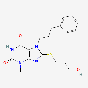 molecular formula C18H22N4O3S B2751049 8-((3-hydroxypropyl)thio)-3-methyl-7-(3-phenylpropyl)-1H-purine-2,6(3H,7H)-dione CAS No. 488843-25-0