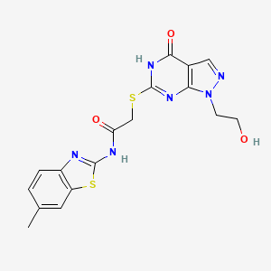 molecular formula C17H16N6O3S2 B2751061 2-((1-(2-hydroxyethyl)-4-oxo-4,5-dihydro-1H-pyrazolo[3,4-d]pyrimidin-6-yl)thio)-N-(6-methylbenzo[d]thiazol-2-yl)acetamide CAS No. 932352-17-5