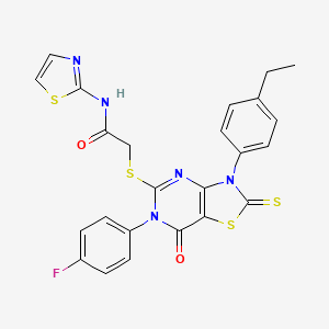 molecular formula C24H18FN5O2S4 B2751149 2-[[3-(4-ethylphenyl)-6-(4-fluorophenyl)-7-oxo-2-sulfanylidene-[1,3]thiazolo[4,5-d]pyrimidin-5-yl]sulfanyl]-N-(1,3-thiazol-2-yl)acetamide CAS No. 422299-35-2