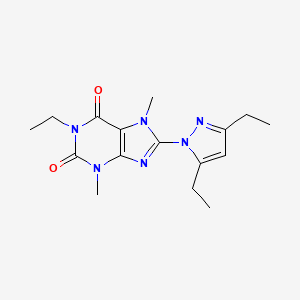 molecular formula C16H22N6O2 B2751155 8-(3,5-Diethylpyrazolyl)-1-ethyl-3,7-dimethyl-1,3,7-trihydropurine-2,6-dione CAS No. 1014011-43-8