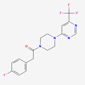 molecular formula C17H16F4N4O B2751191 4-{4-[(4-Fluorophenyl)acetyl]piperazin-1-yl}-6-(trifluoromethyl)pyrimidine CAS No. 1775544-36-9
