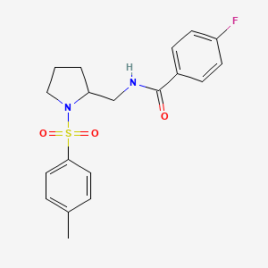 molecular formula C19H21FN2O3S B2751212 4-氟-N-((1-对甲苯磺酰吡咯啉-2-基)甲基)苯甲酰胺 CAS No. 896274-30-9