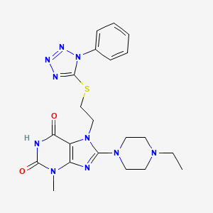 molecular formula C21H26N10O2S B2751227 8-(4-Ethylpiperazin-1-yl)-3-methyl-7-[2-(1-phenyltetrazol-5-yl)sulfanylethyl]purine-2,6-dione CAS No. 850914-33-9