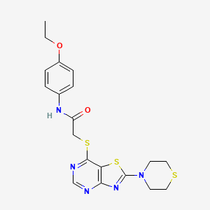 molecular formula C19H21N5O2S3 B2751297 N-(4-ethoxyphenyl)-2-((2-thiomorpholinothiazolo[4,5-d]pyrimidin-7-yl)thio)acetamide CAS No. 1189706-38-4