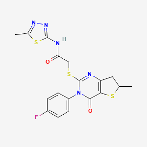 molecular formula C18H16FN5O2S3 B2751356 2-[[3-(4-氟苯基)-6-甲基-4-氧代-6,7-二氢噻吩[3,2-d]嘧啶-2-基]硫代基]-N-(5-甲基-1,3,4-噻二唑-2-基)乙酰胺 CAS No. 887869-25-2