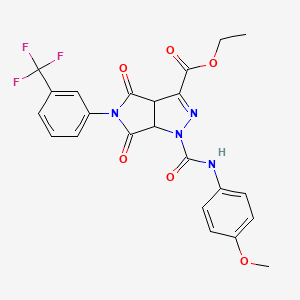 Ethyl 1-[(4-methoxyanilino)carbonyl]-4,6-dioxo-5-[3-(trifluoromethyl)phenyl]-1,3a,4,5,6,6a-hexahydropyrrolo[3,4-c]pyrazole-3-carboxylate