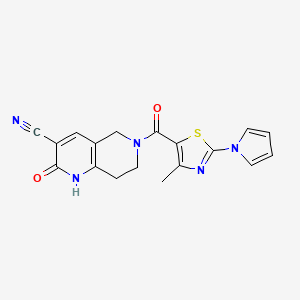 molecular formula C18H15N5O2S B2751554 6-(4-methyl-2-(1H-pyrrol-1-yl)thiazole-5-carbonyl)-2-oxo-1,2,5,6,7,8-hexahydro-1,6-naphthyridine-3-carbonitrile CAS No. 2034426-43-0