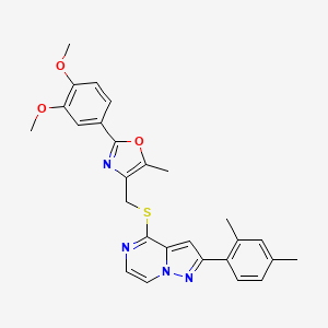 molecular formula C27H26N4O3S B2751589 4-({[2-(3,4-Dimethoxyphenyl)-5-methyl-1,3-oxazol-4-yl]methyl}thio)-2-(2,4-dimethylphenyl)pyrazolo[1,5-a]pyrazine CAS No. 1207035-78-6