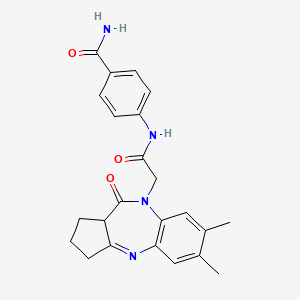 molecular formula C23H24N4O3 B2751599 4-{[(6,7-dimethyl-10-oxo-2,3,10,10a-tetrahydrobenzo[b]cyclopenta[e][1,4]diazepin-9(1H)-yl)acetyl]amino}benzamide CAS No. 1251676-00-2