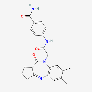 molecular formula C23H24N4O3 B2751599 4-(2-{12,13-Dimethyl-8-oxo-2,9-diazatricyclo[8.4.0.0^{3,7}]tetradeca-1(10),2,11,13-tetraen-9-yl}acetamido)benzamide CAS No. 1251676-00-2