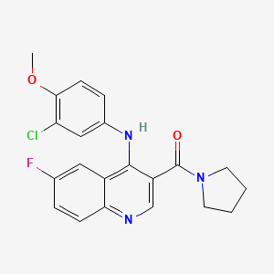 molecular formula C21H19ClFN3O2 B2751659 (4-((3-Chloro-4-methoxyphenyl)amino)-6-fluoroquinolin-3-yl)(pyrrolidin-1-yl)methanone CAS No. 1359401-45-8