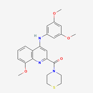 B2751675 (4-((3,5-Dimethoxyphenyl)amino)-8-methoxyquinolin-2-yl)(thiomorpholino)methanone CAS No. 1251706-11-2